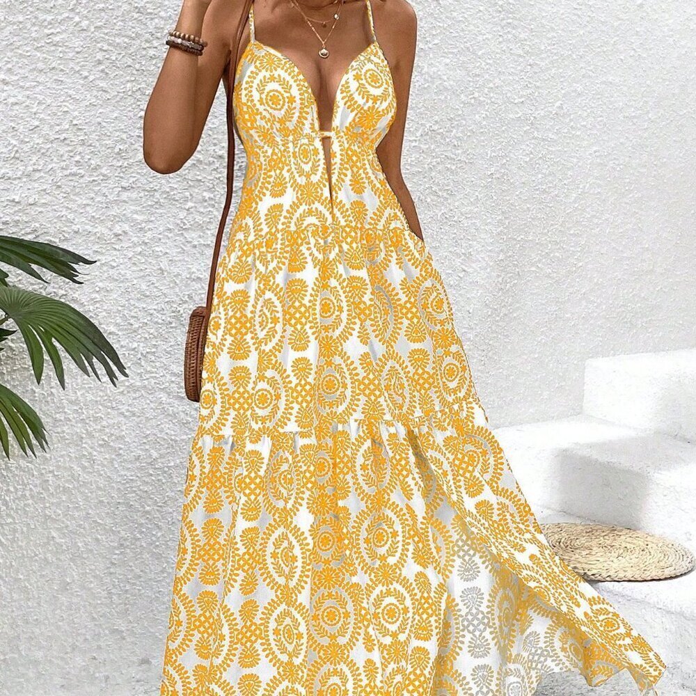 Yellow Boho Women's Plant Print Ruffle Hem Spaghetti Strap Dress - Picture 2 of 6